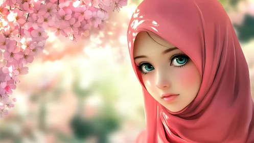 Chromatic anime portrait under diffuse cherry blossom luminance.