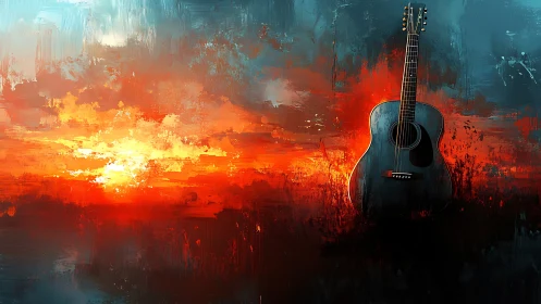 Acoustic guitar stands against vivid red and blue sunset sky.