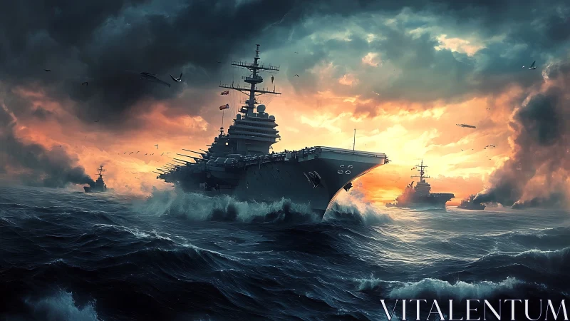Storm-lit naval carrier fleet advances through turbulent ocean swells