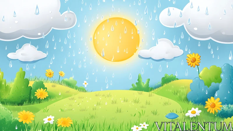 Sunlit rain over cheerful hills and bright spring blooms.