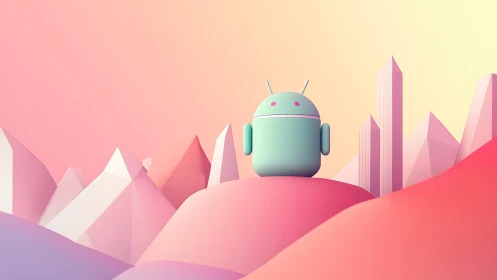 Playful pastel robot gazes over a soft geometric dreamscape