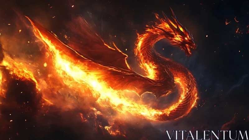 Fiery serpentine dragon soaring through dark blazing sky.