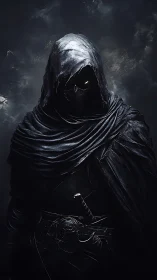 Shadowed wanderer stands calm in stormlit darkness