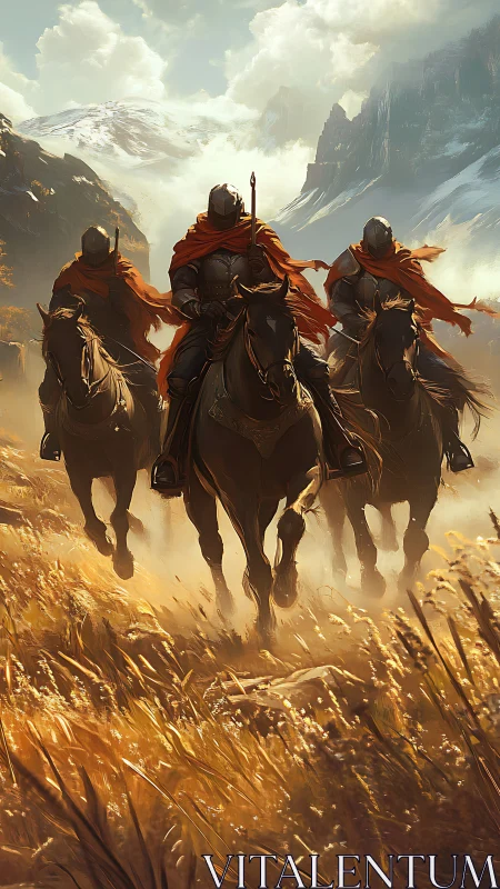 Knights in ember cloaks charge through a golden valley.