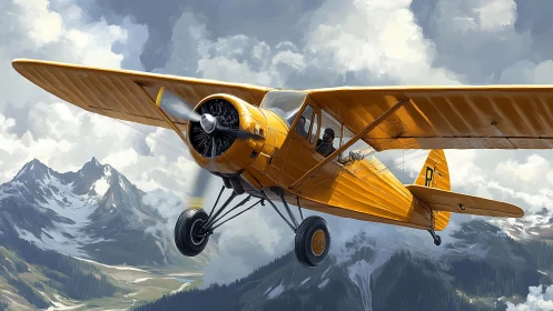 Yellow single-engine airplane flies above snowy mountain range