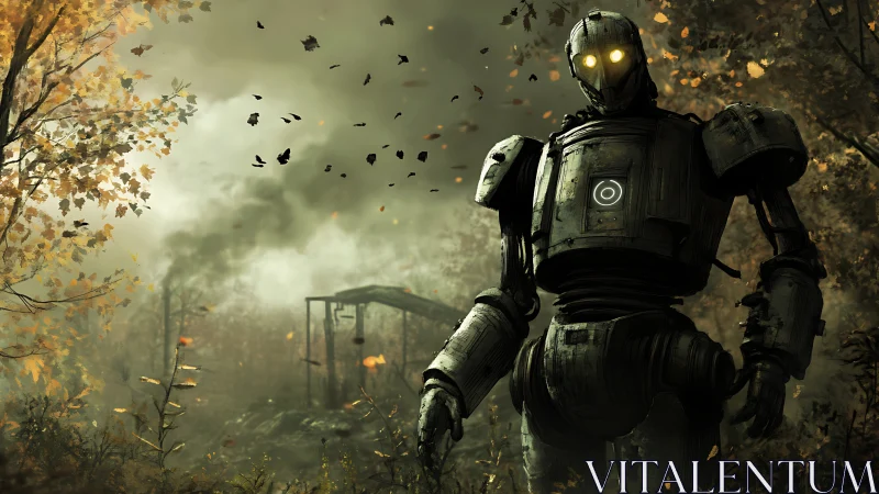 Humanoid robot stands in decayed forest with industrial ruins