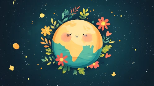 Whimsical anthropomorphic Earth encircled by floral orbit.