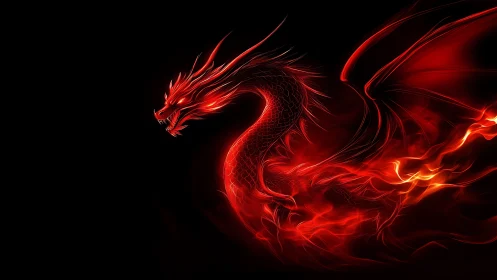 Fiery red dragon swirling in darkness with glowing wings.