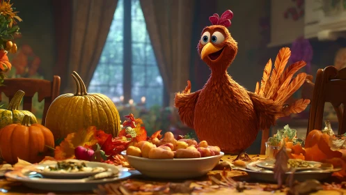 Cheerful Red Rooster at Autumn Harvest Dinner Table