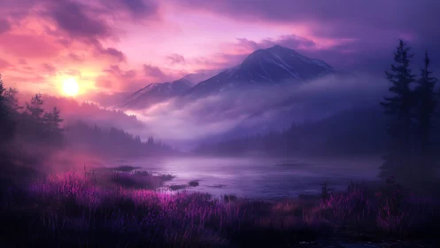 Soft sunrise drifting over misty violet mountain lake.