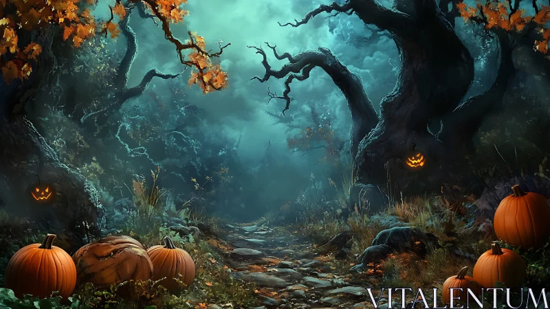 Nocturnal forest path with spectral pumpkins and twisted oaks.