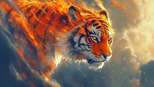 Tiger head emerges through swirling fire and smoke clouds