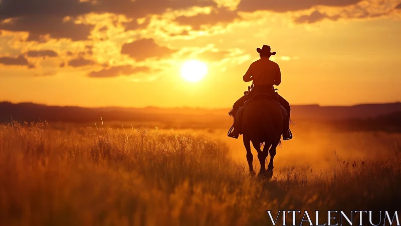 Warm sunset ride with a lone cowboy in glowing fields.