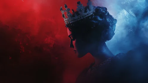 Bicolored rim lighting defines crowned female profile in smoke