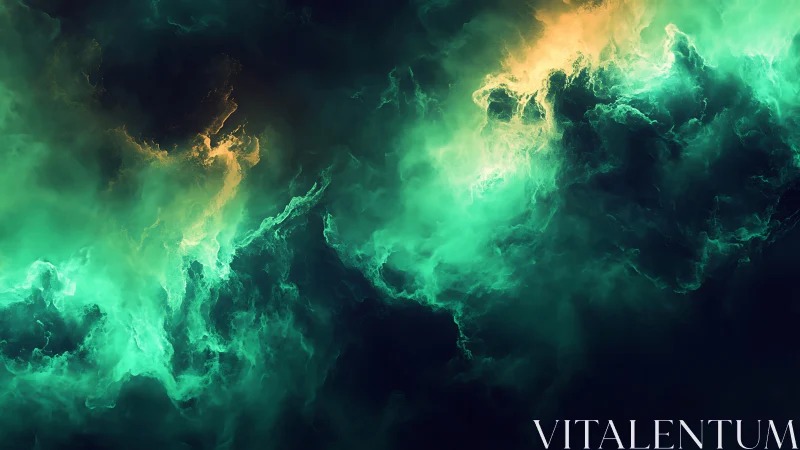Volumetric teal nebula clouds with golden highlights in deep space