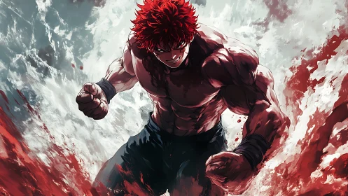 Red haired fighter unleashes furious power in blood mist.