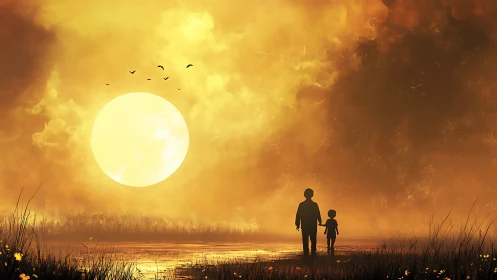 Silhouetted parent and child traverse a luminous sunset marsh