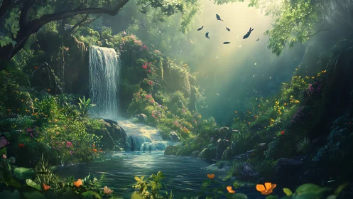 Waterfall whispers as enchanted forest blooms in green light