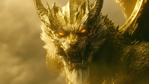 Golden armored dragon roars amid cinematic haze and light.