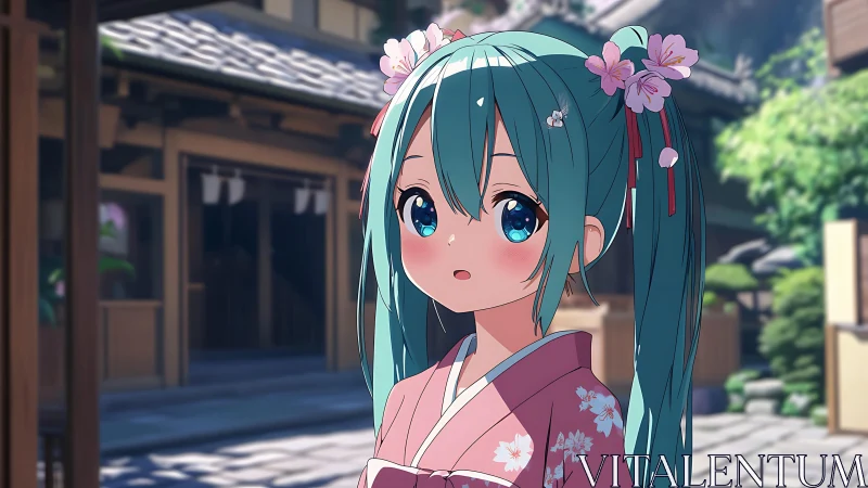 Kimono-clad anime girl under spring street daylight.