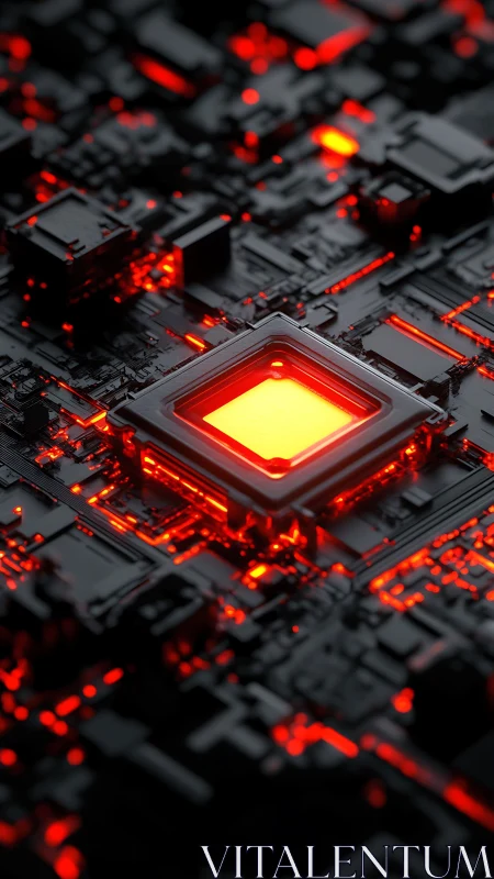 Glowing central microchip illuminates black circuit grid