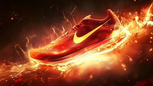 Red athletic shoe rendered with dynamic fiery visual effects