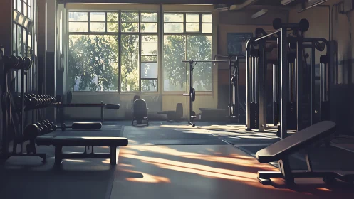 Sunlit weight training room with benches and machines.