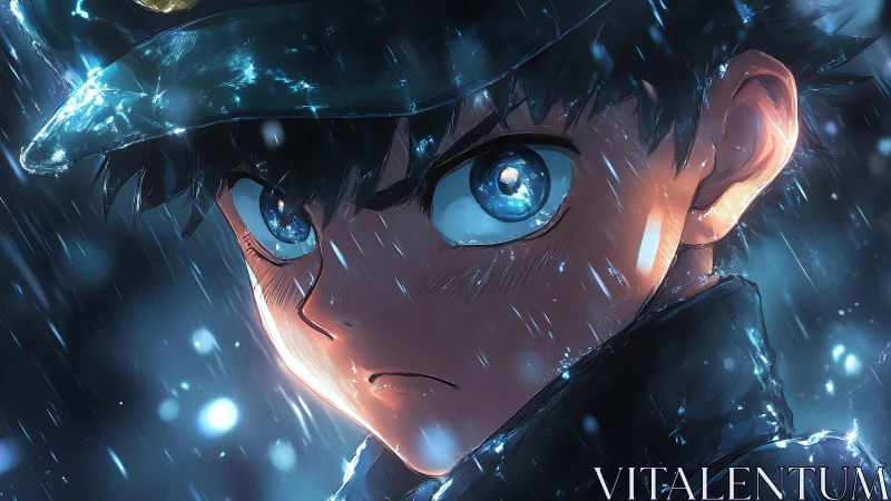 Close-up anime portrait of boy in rain with intense gaze.