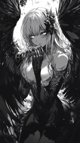 Monochrome winged femme fatale rendered in high-contrast anime
