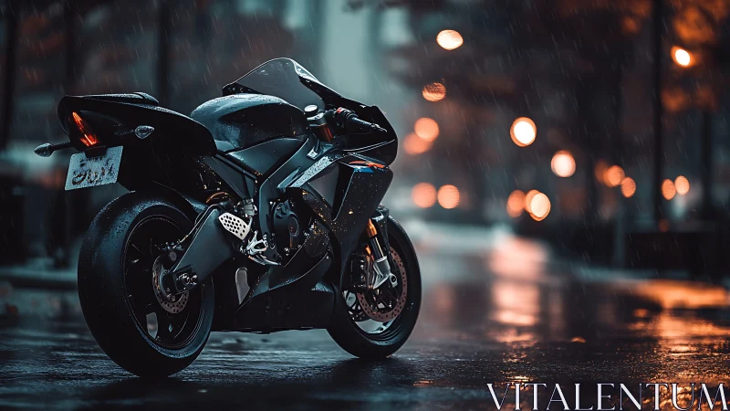 Midnight sport bike waiting in the rain slick city glow.