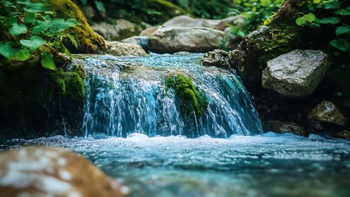 Tranquil Forest Stream with Flowing Water and Mossy Rocks.