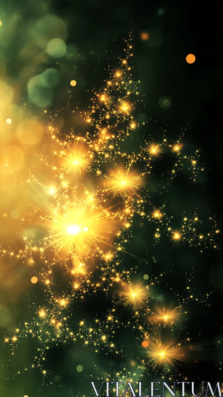 Golden particle tree shape on dark green background.