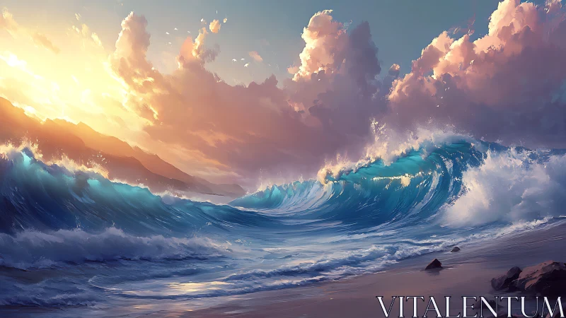 Sunlit coastal breakers under towering pastel cumulonimbus clouds