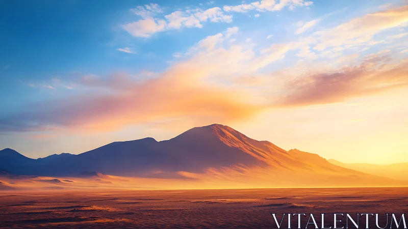Sunlit desert mountain ridge under high-saturation twilight sky