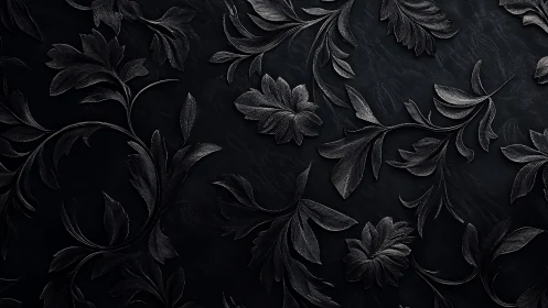 Embossed black floral relief with directional metallic micro-texturing