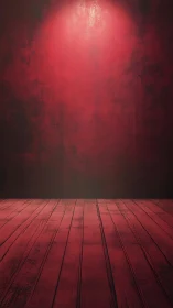 Red textured wall and wooden floor under overhead light.