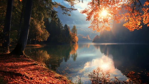 Photorealistic autumn lakeside scene with radiant backlighting.
