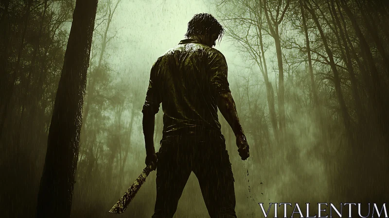 Silhouetted man with machete stands in dark rainy forest
