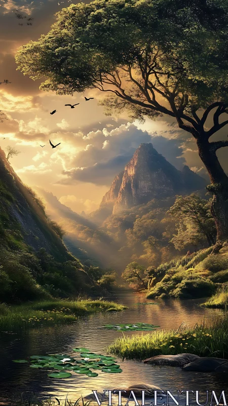 Digital landscape render shows river, trees and distant peak