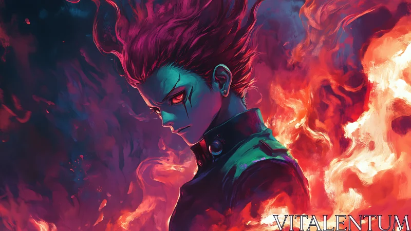 Pyrokinetic anime profile amid turbulent chromatic flames.
