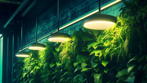Lush vertical garden glowing under modern pendant lights.