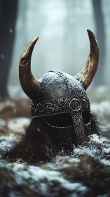 Snow-dusted Viking helmet rests solemnly in a misty forest
