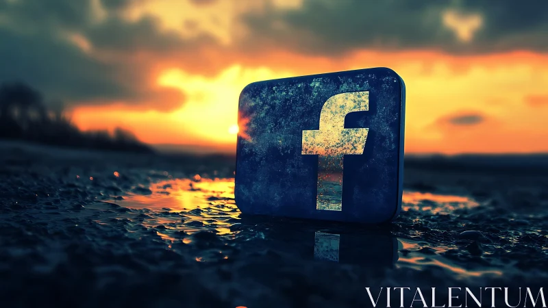 Facebook logo block on wet ground under sunset sky.