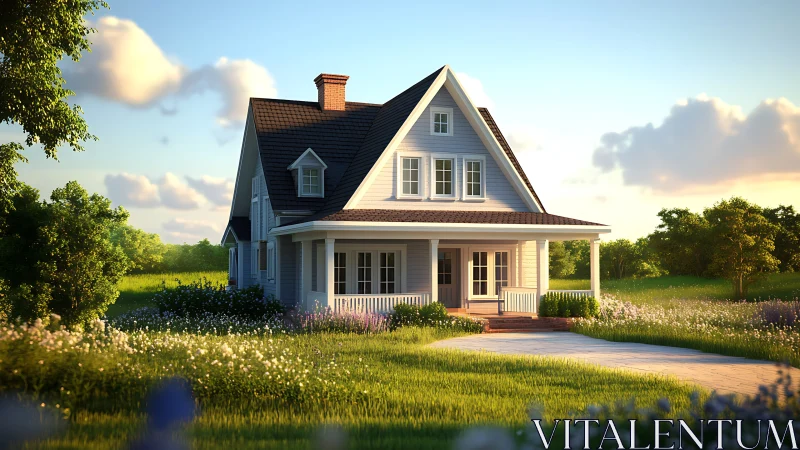 Cozy farmhouse stands in sunlit meadow with soft evening glow