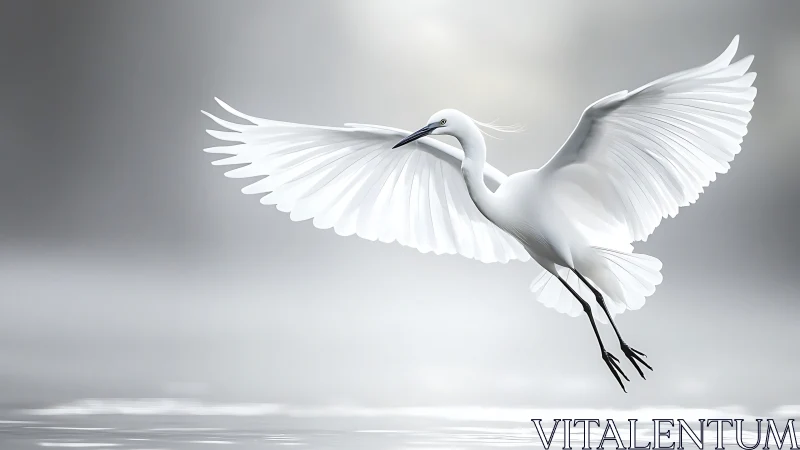 White Egret in Flight: Serene Grace Over Misty Waters