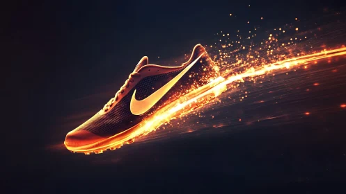 High-speed running shoe in molten neon light trail render.