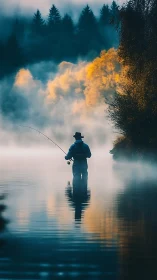 Morning mist welcomes a peaceful lone fisher on calm water