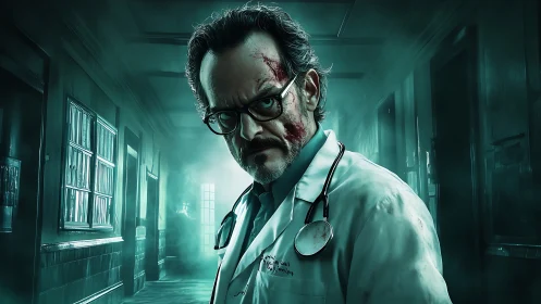 Bloodied doctor in eerie teal hospital corridor scene.