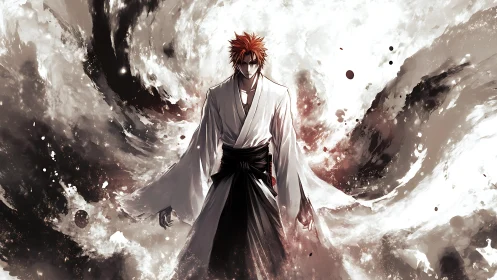 Red haired swordsman in white robe stands amid swirling ink clouds