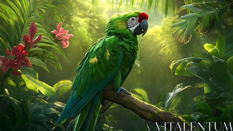 Macaw on mossy branch under diffused rainforest backlighting